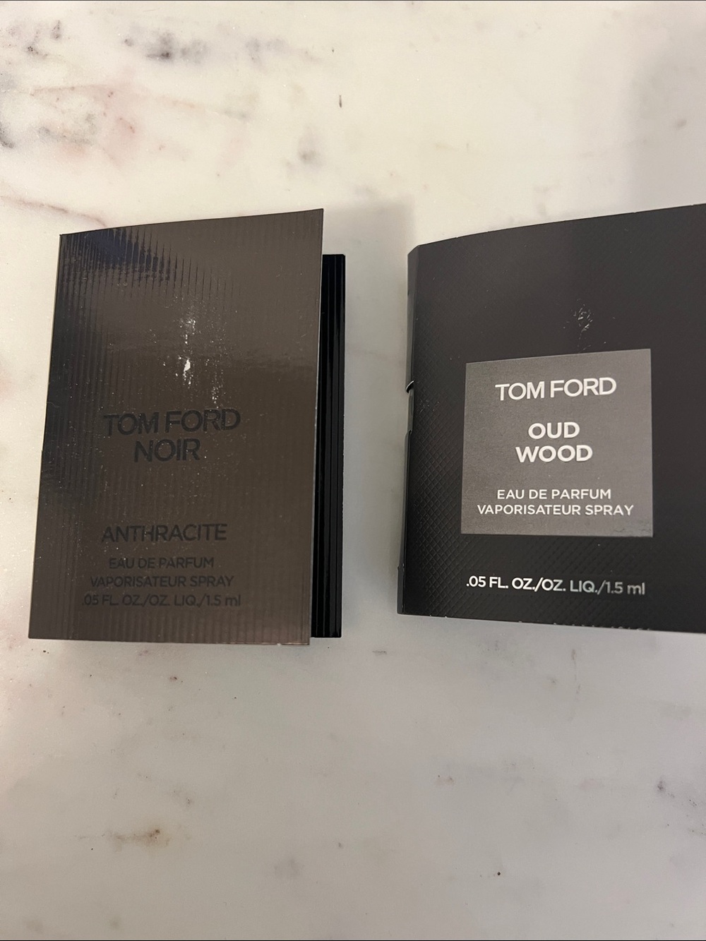Tom Ford Noir & Oud Wood Sample Cards in Dark Charcoal and Black